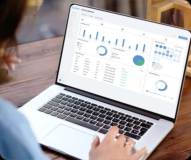 Booking dashboard displaying analytics charts and scheduling interface