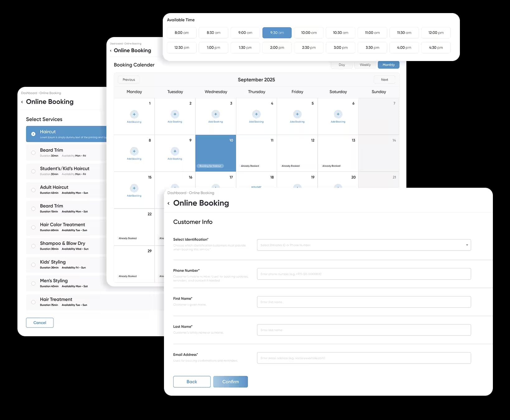 Online booking system showing service selection and appointment scheduling interface