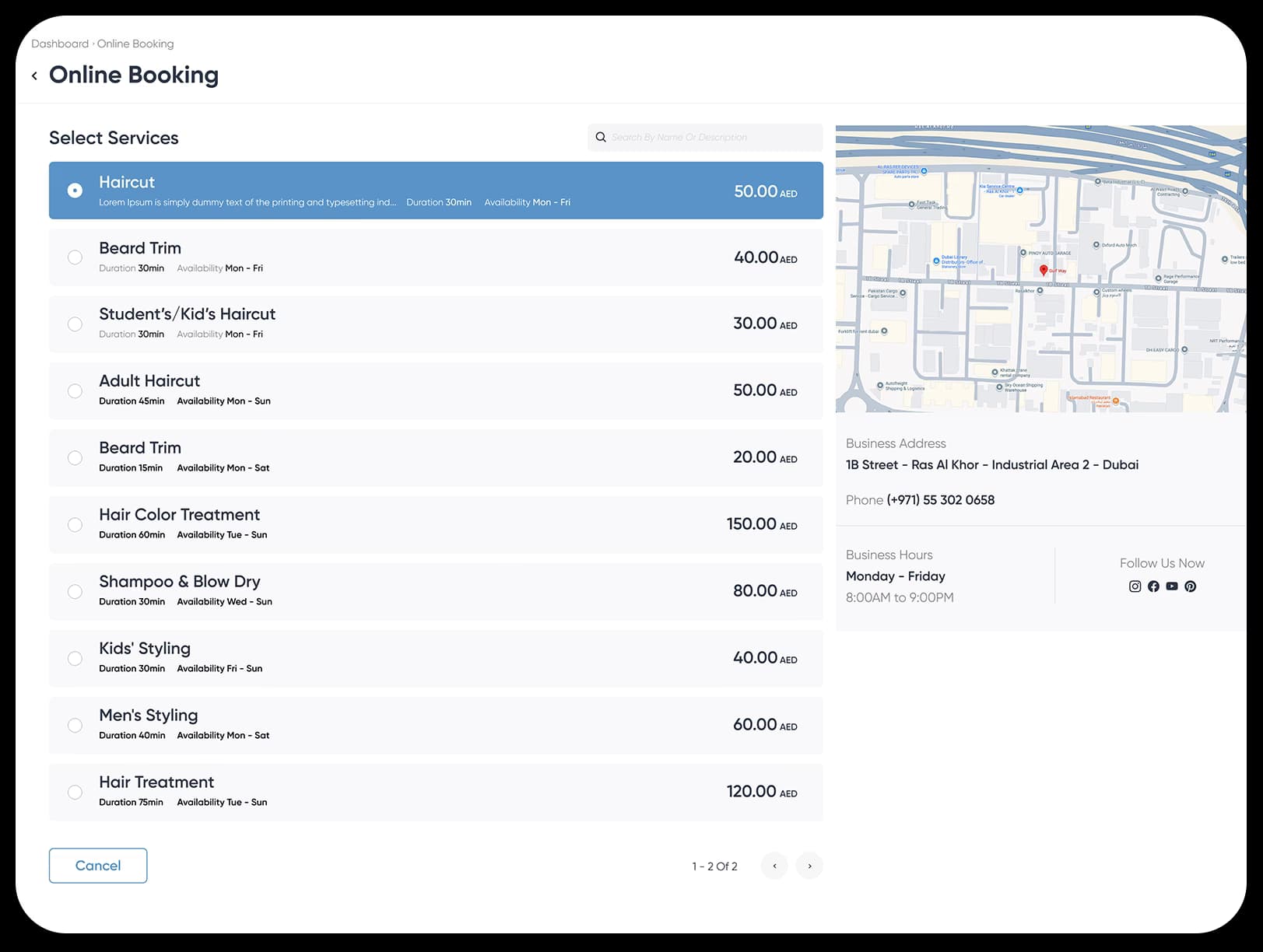Online booking service selection interface showing available services with pricing and duration options