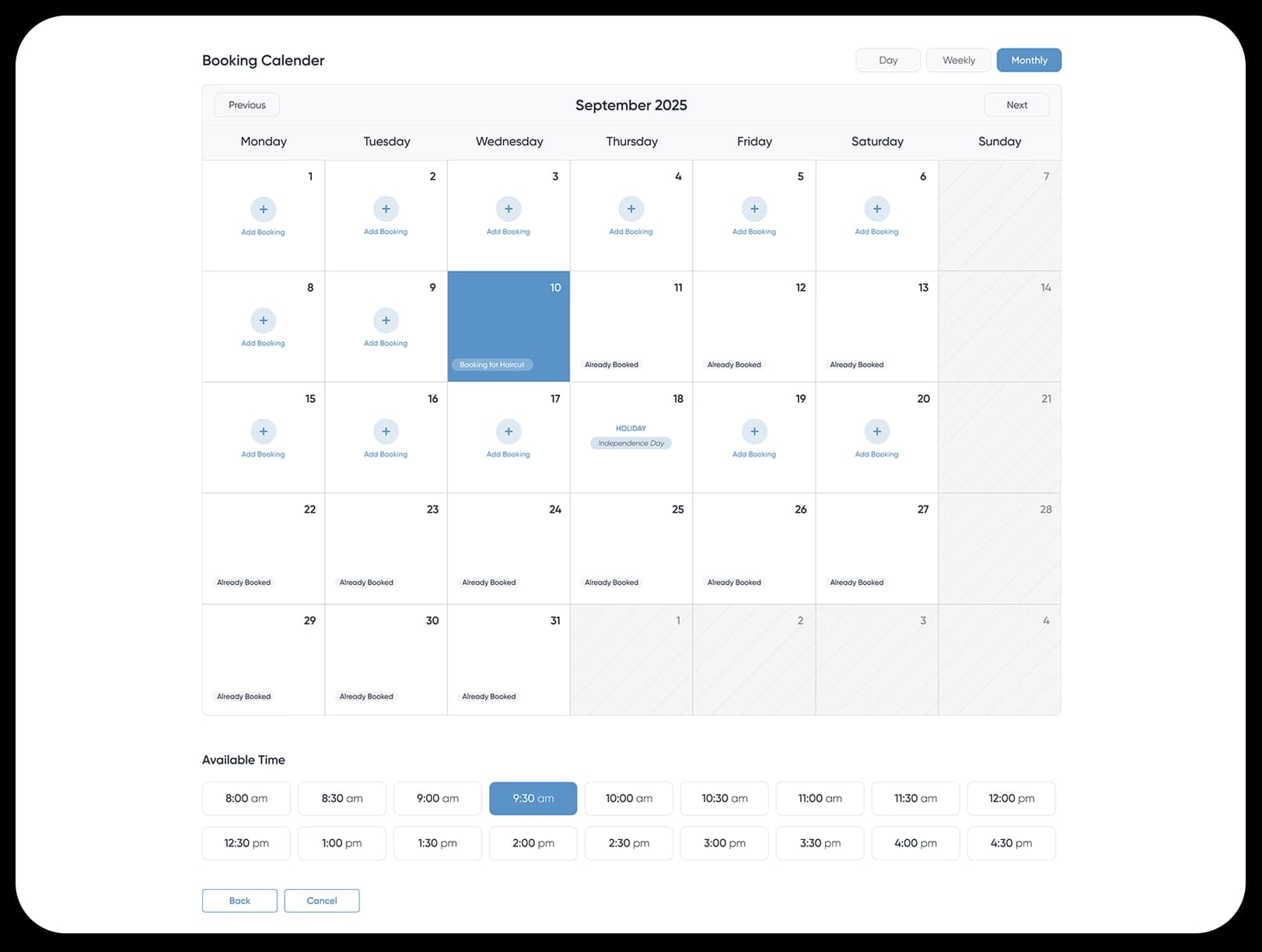 Booking calendar interface displaying available booking slots and time selection for September 2028
