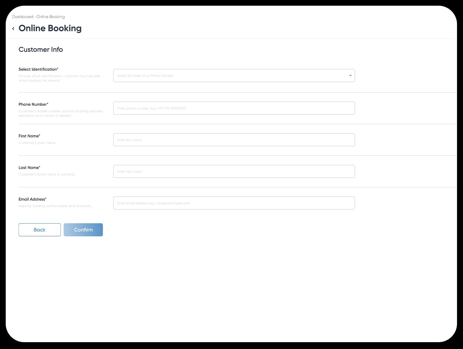 Customer information form for online booking with contact details and additional service requirements