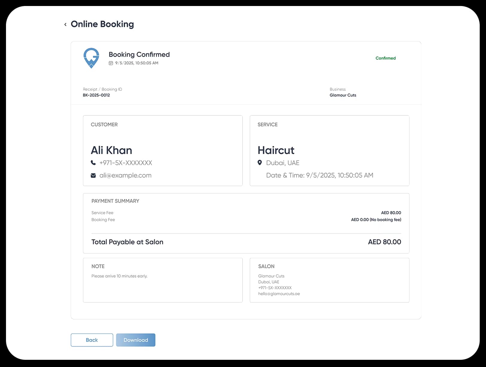 Booking confirmation page showing booking details, customer information, and service summary with total cost