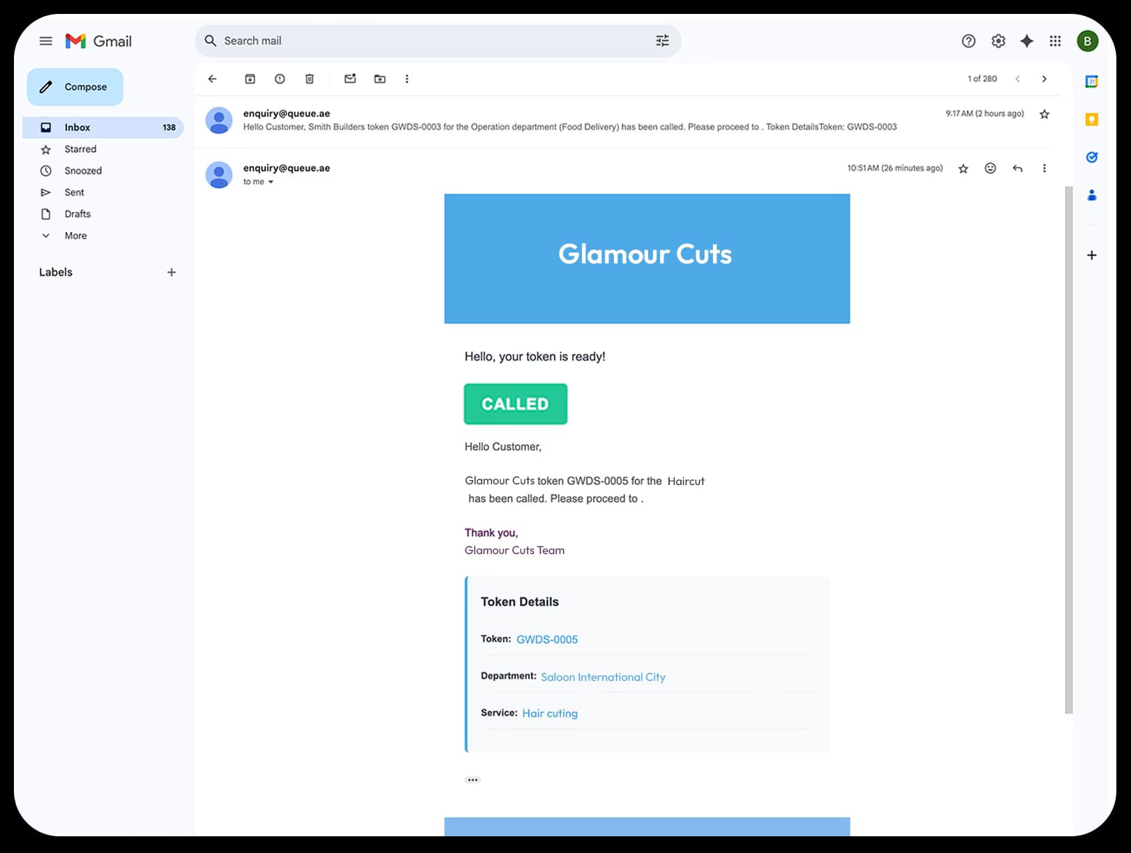 Email notification interface showing automated booking reminder and booking updates in Gmail inbox